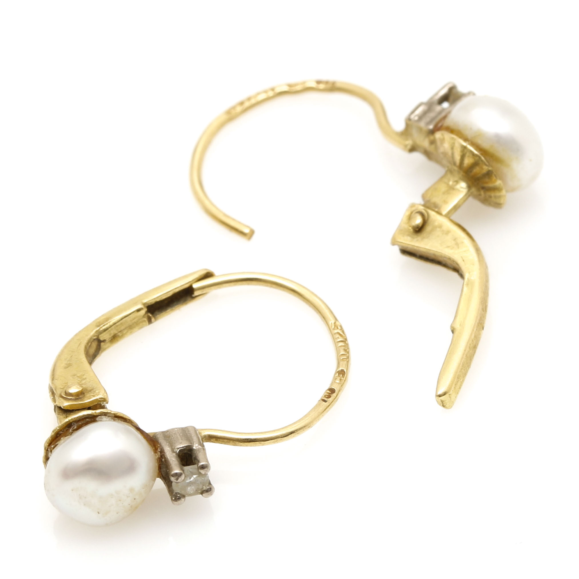 18K Yellow Gold Cultured Pearl and Diamond Earrings