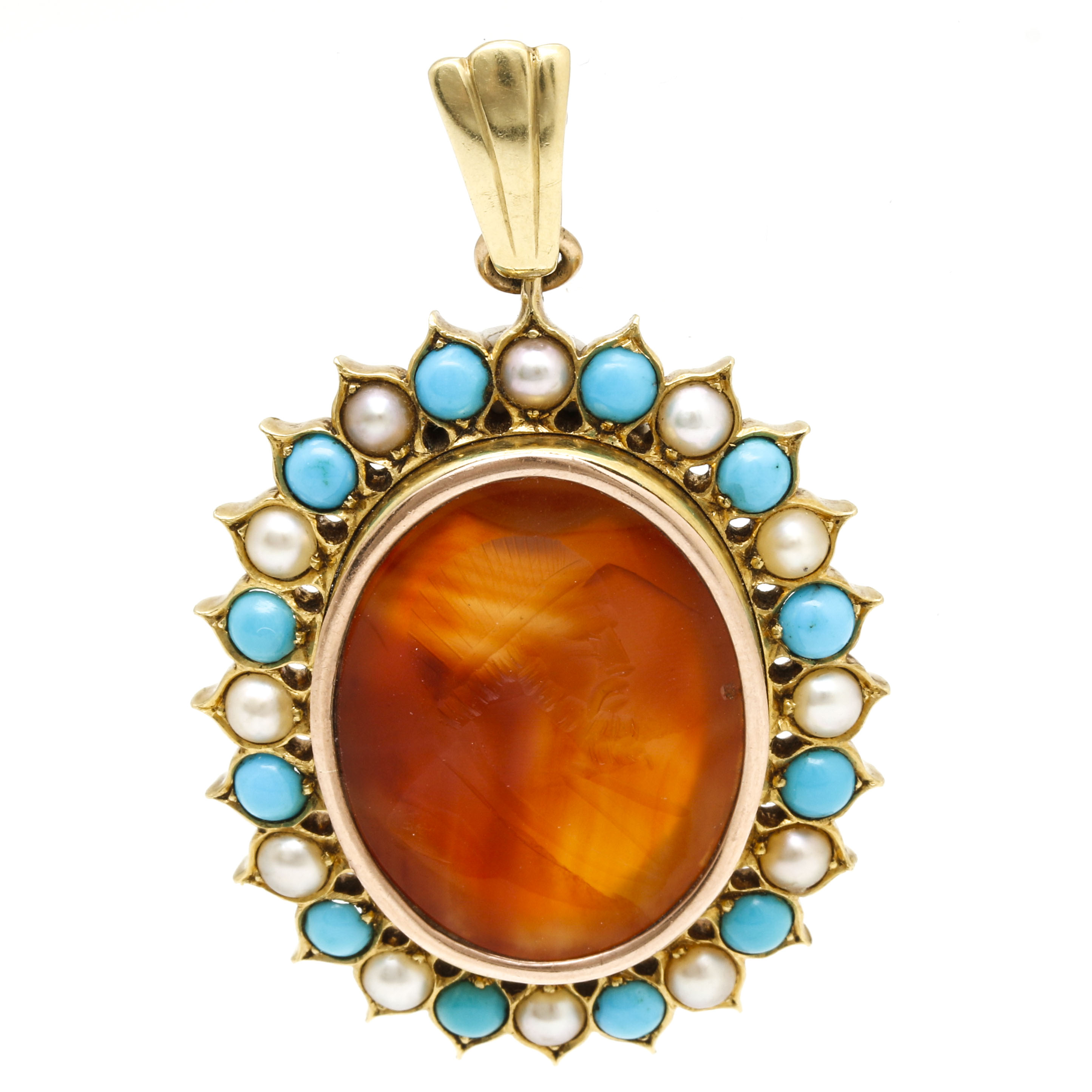 18K Yellow Gold Carnelian-Agate Intaglio Cameo, Turquoise, and Cultured Pearl Pendant