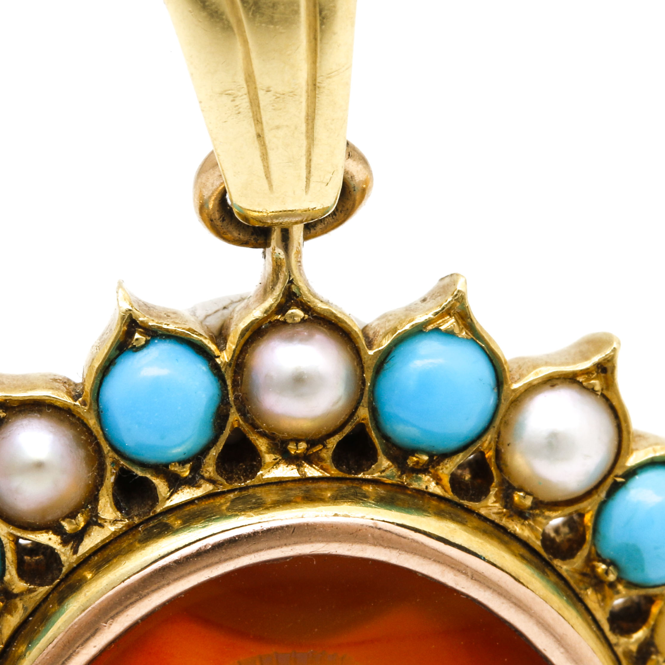 18K Yellow Gold Carnelian-Agate Intaglio Cameo, Turquoise, and Cultured Pearl Pendant