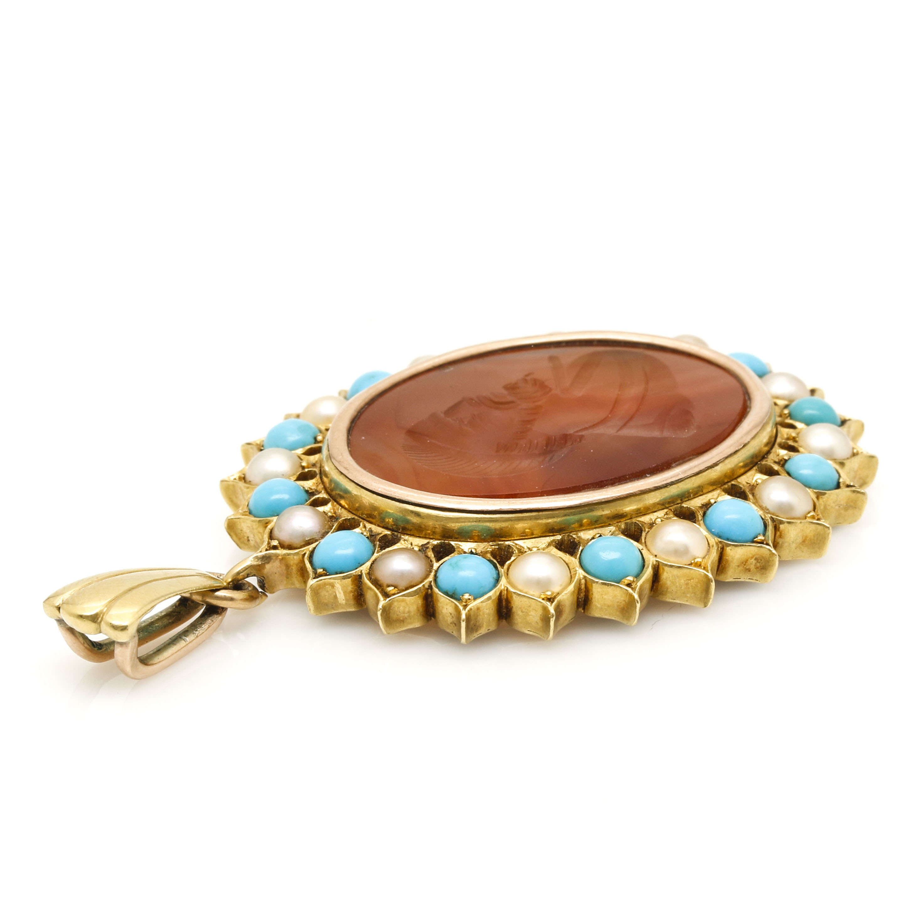 18K Yellow Gold Carnelian-Agate Intaglio Cameo, Turquoise, and Cultured Pearl Pendant