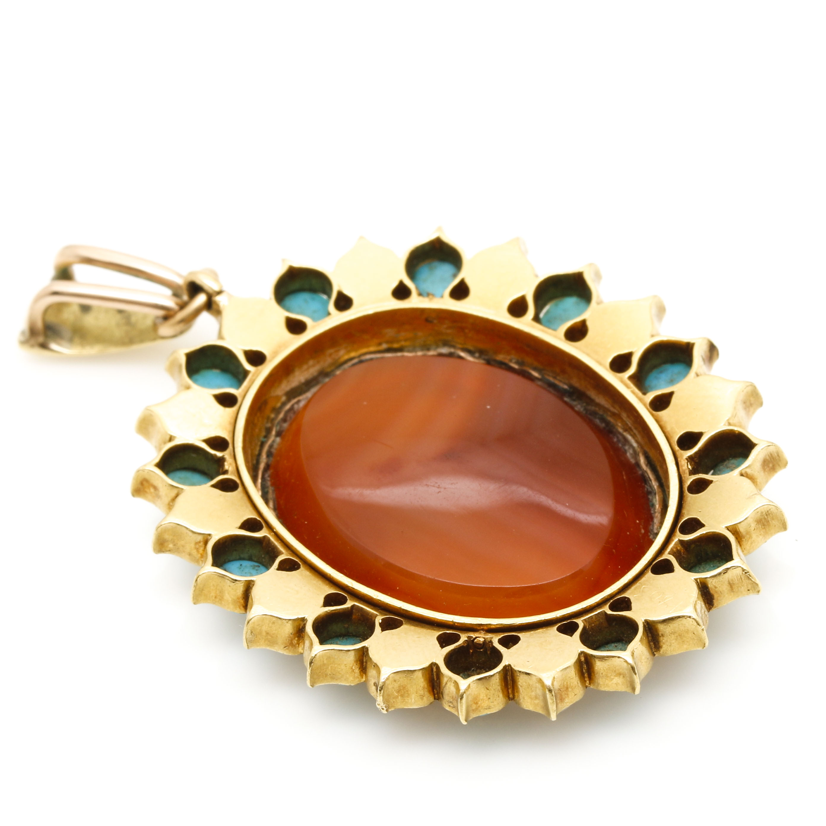 18K Yellow Gold Carnelian-Agate Intaglio Cameo, Turquoise, and Cultured Pearl Pendant