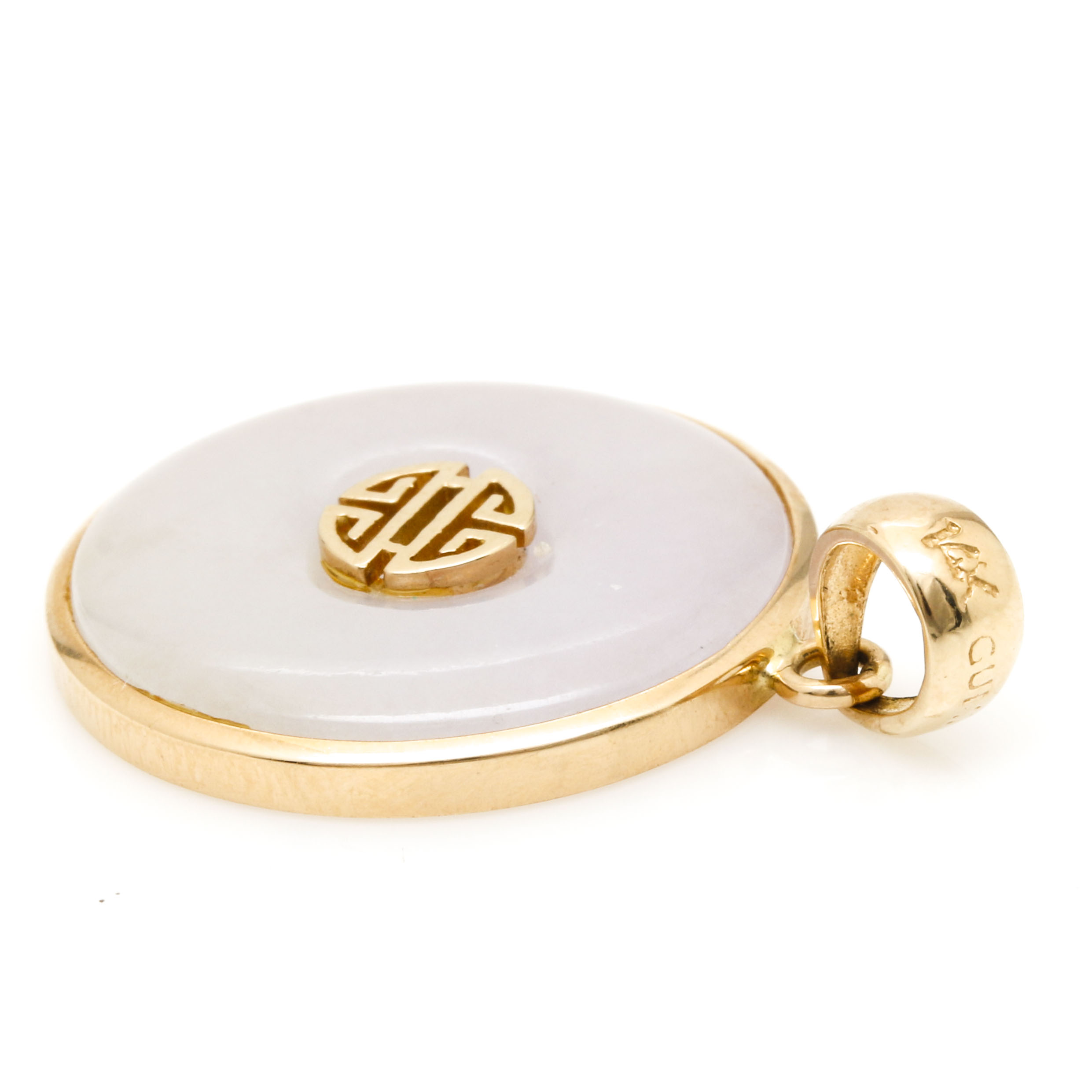 14K Yellow Gold White Jadeite Longevity Bi Pendant