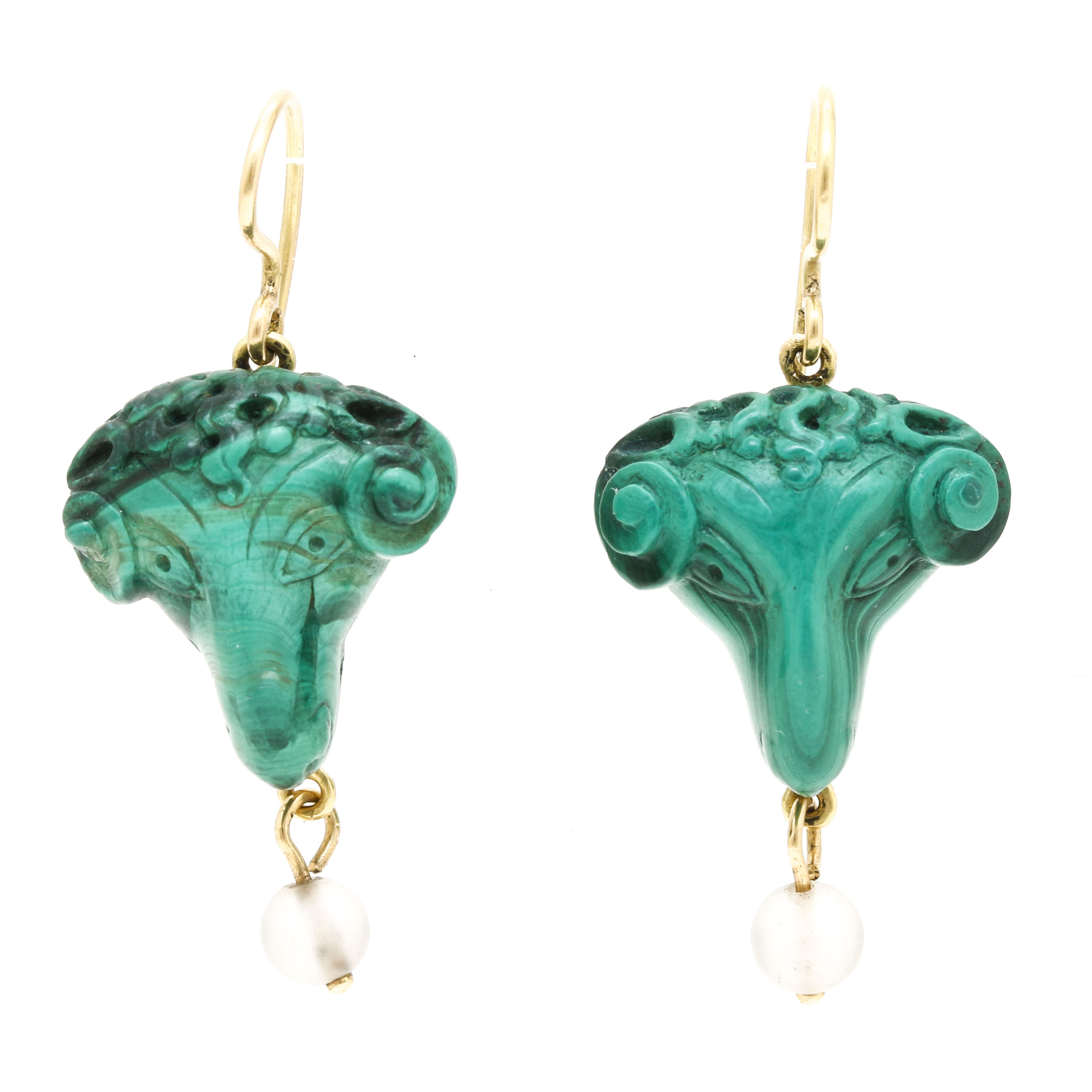 18K Yellow Gold Carved Malachite Ram's Head and Quartz Earrings