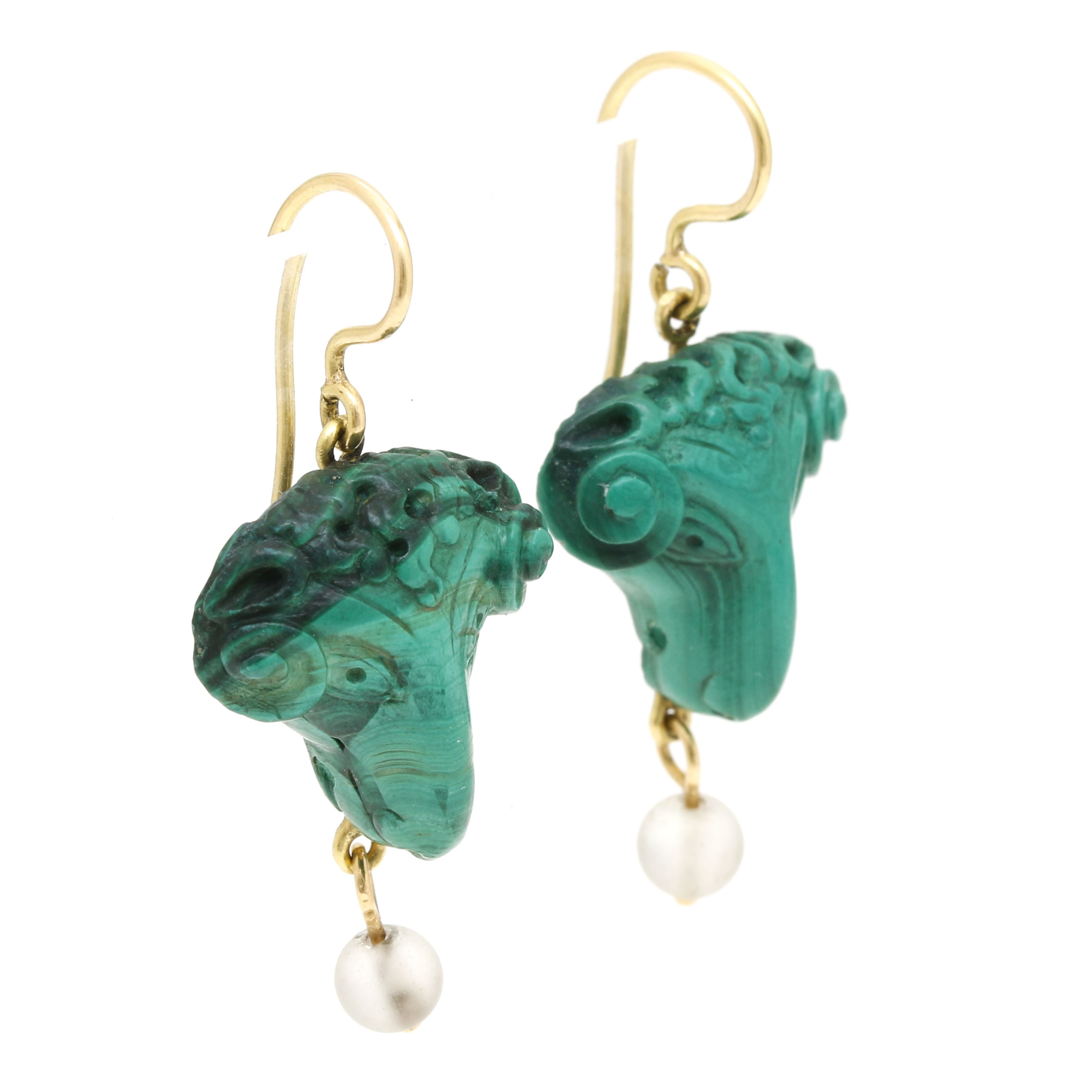 18K Yellow Gold Carved Malachite Ram's Head and Quartz Earrings