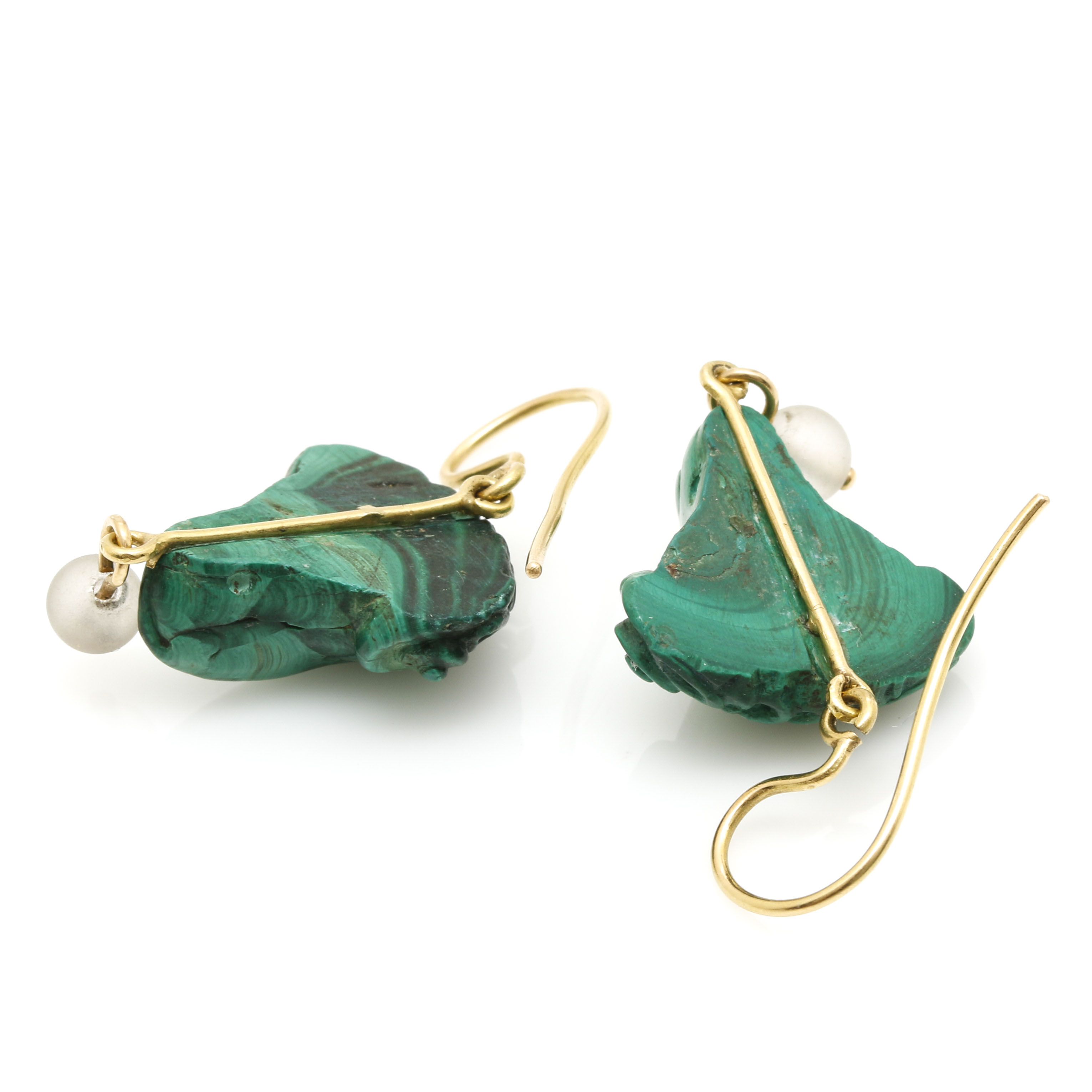 18K Yellow Gold Carved Malachite Ram's Head and Quartz Earrings