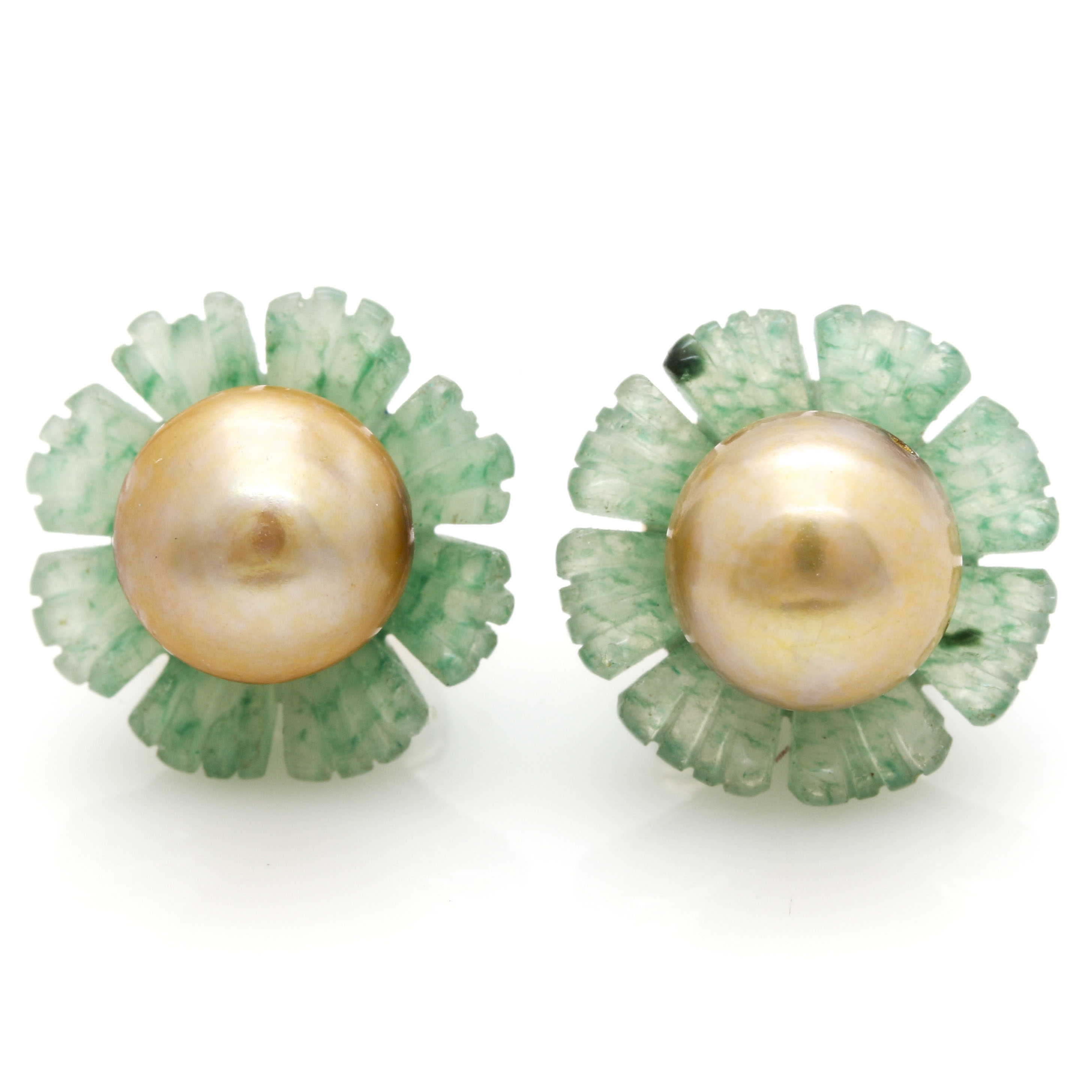 Cultured Pearl Stud Earrings with Aventurine Jackets