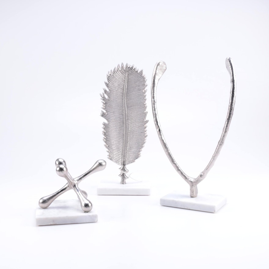Silver Tone Metal Sculptures of Wishbone, Jack and Feather