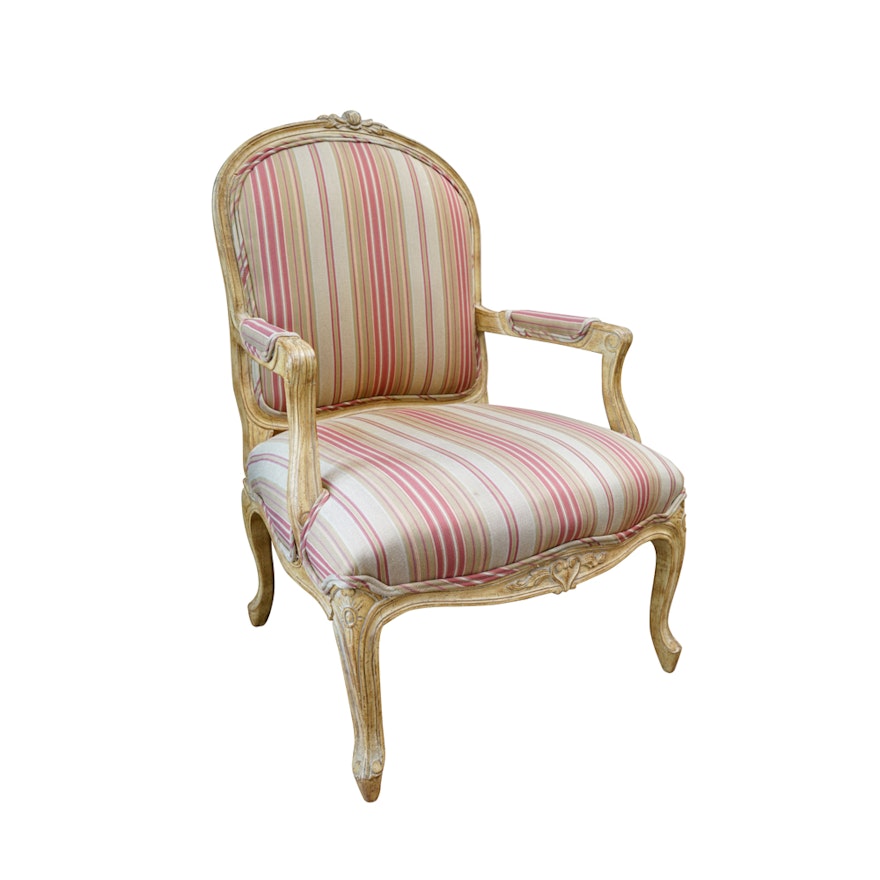 Louis XV Style Carved Fauteuil Chair with Striped Upholstery