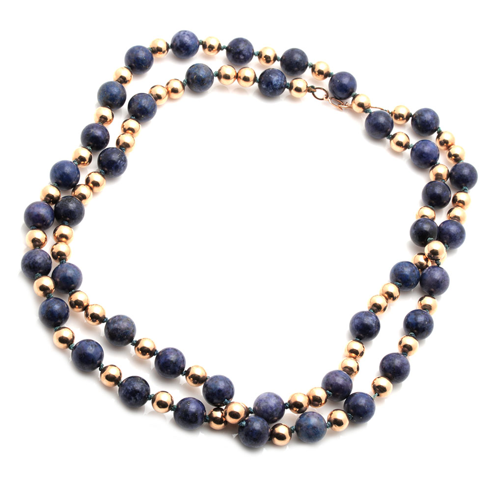 14K Yellow Gold Lapis Lazuli Beaded Necklace