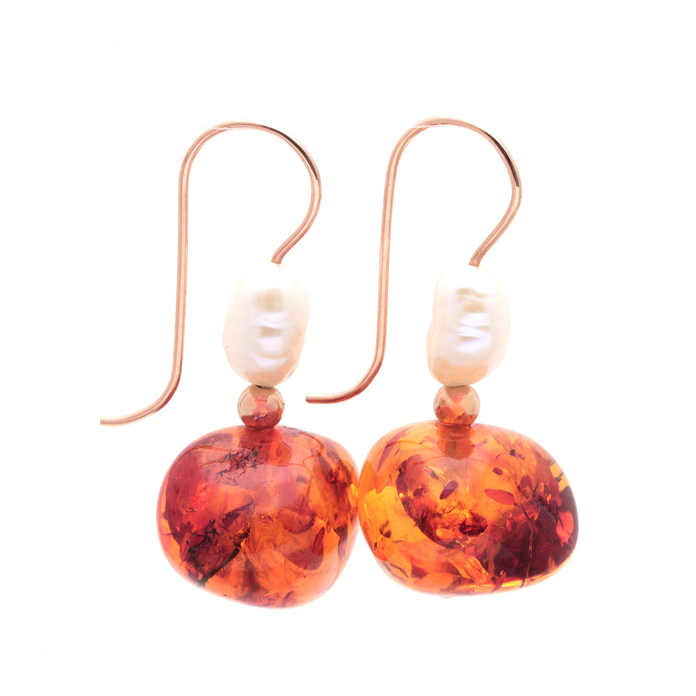 14K Yellow Gold Amber and Cultured Pearl Earrings