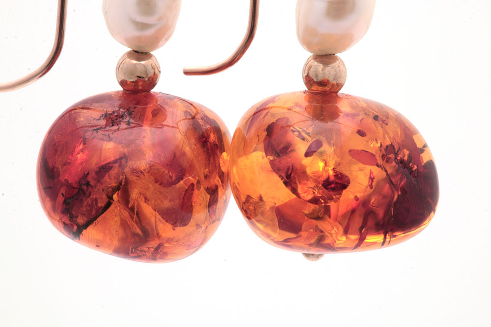 14K Yellow Gold Amber and Cultured Pearl Earrings