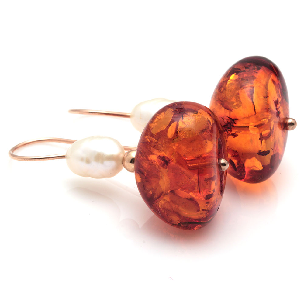 14K Yellow Gold Amber and Cultured Pearl Earrings