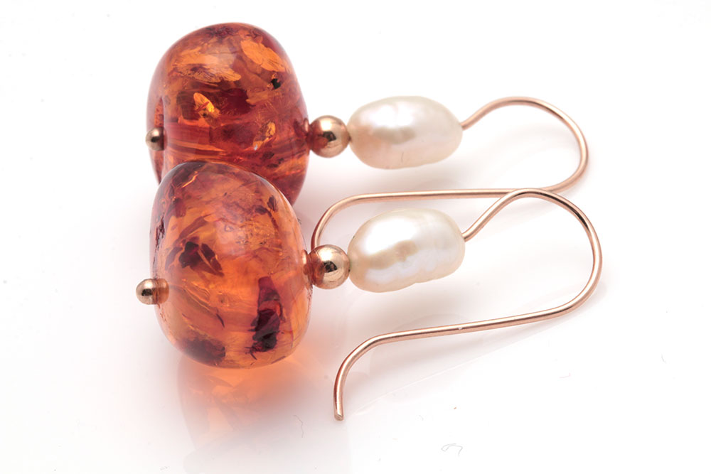 14K Yellow Gold Amber and Cultured Pearl Earrings