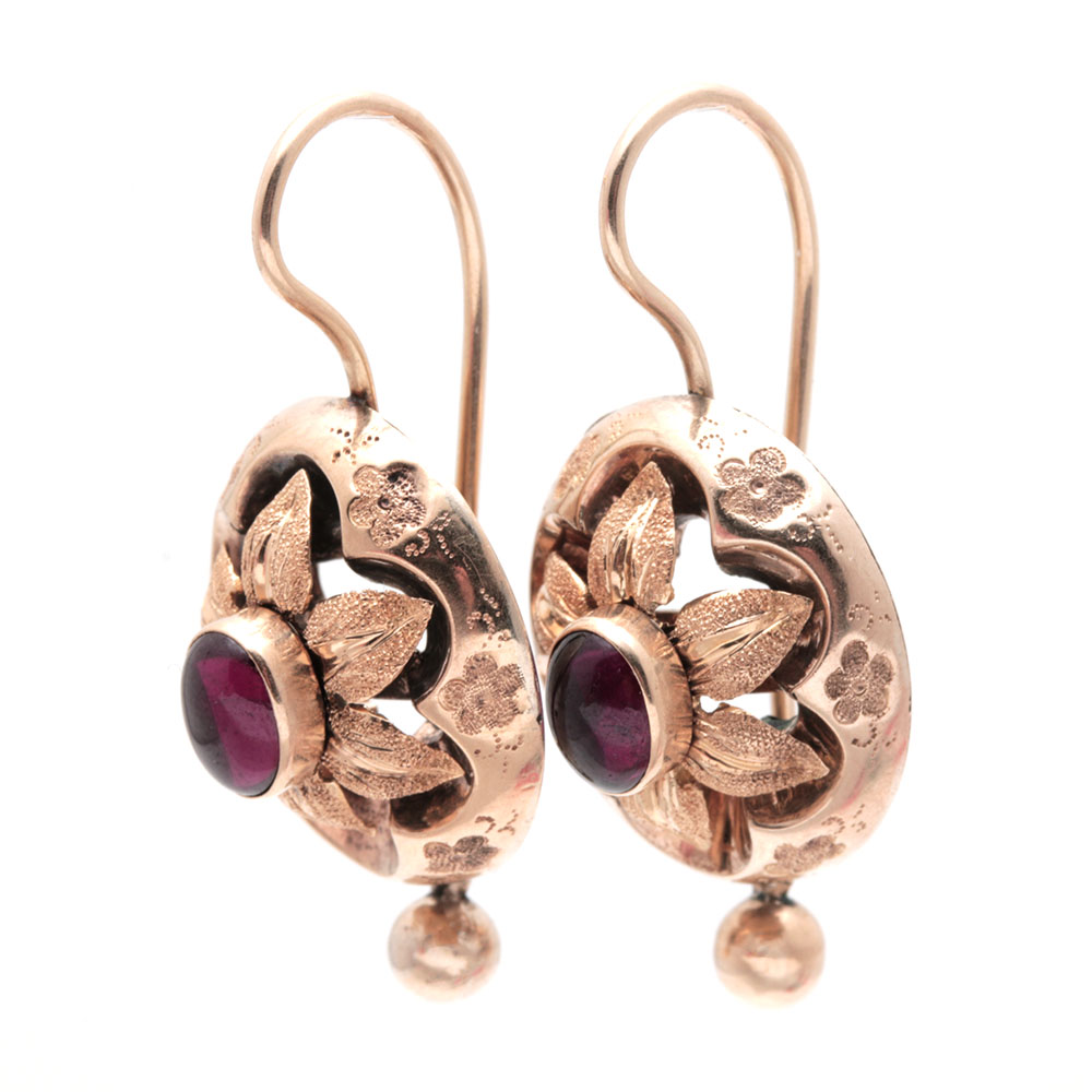 Victorian Form 14K Yellow Gold Garnet Floral Earrings