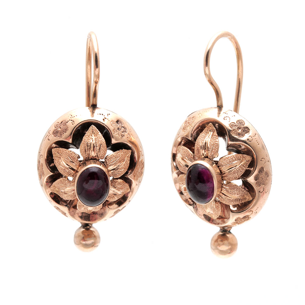 Victorian Form 14K Yellow Gold Garnet Floral Earrings