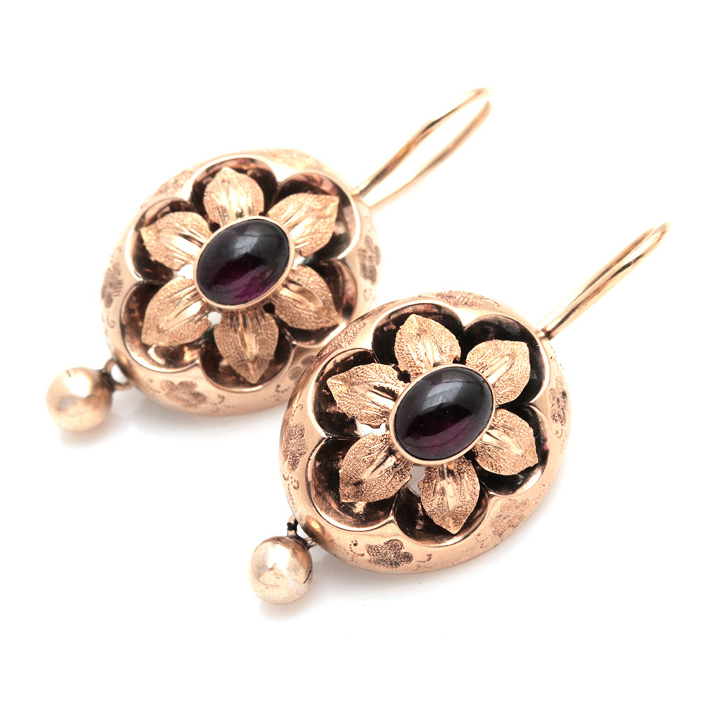 Victorian Form 14K Yellow Gold Garnet Floral Earrings