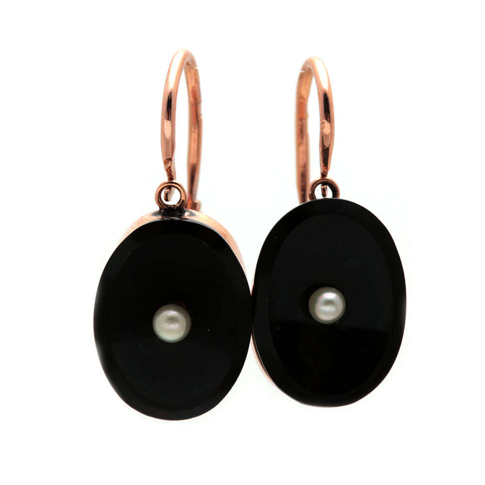18K Yellow Gold Black Onyx and Seed Pearl Earrings