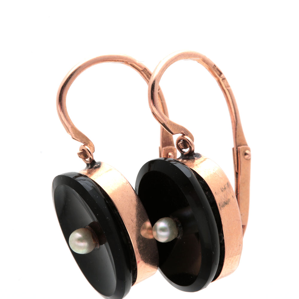 18K Yellow Gold Black Onyx and Seed Pearl Earrings