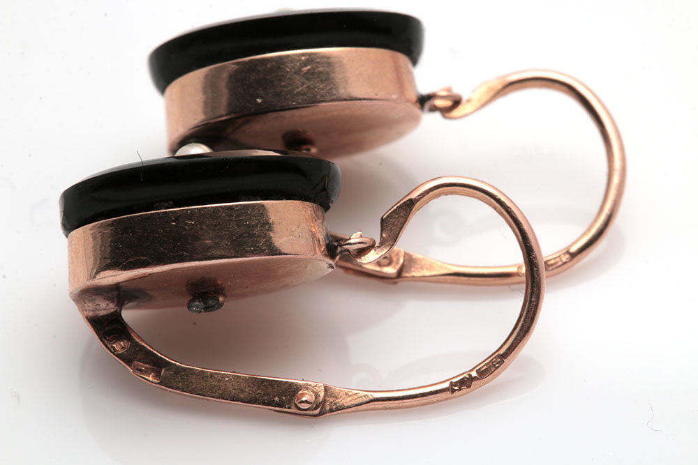 18K Yellow Gold Black Onyx and Seed Pearl Earrings