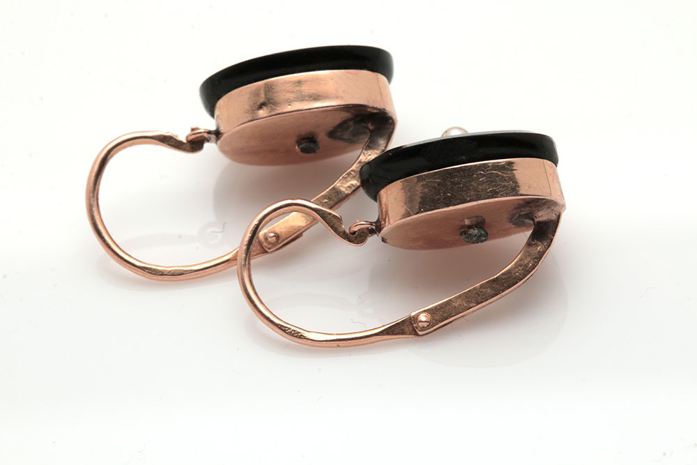 18K Yellow Gold Black Onyx and Seed Pearl Earrings