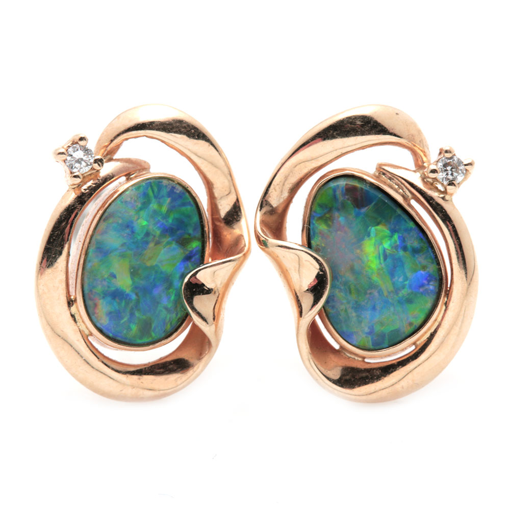 14K Yellow Gold Opal Doublet and Diamond Earrings
