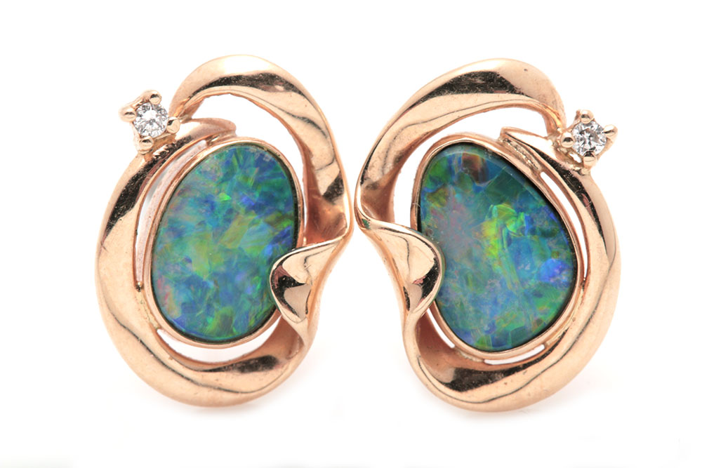 14K Yellow Gold Opal Doublet and Diamond Earrings