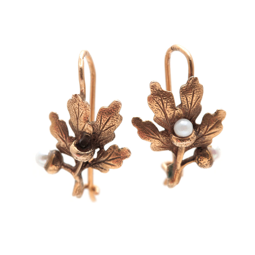 14K Yellow Gold Cultured Pearl Leaf Earrings