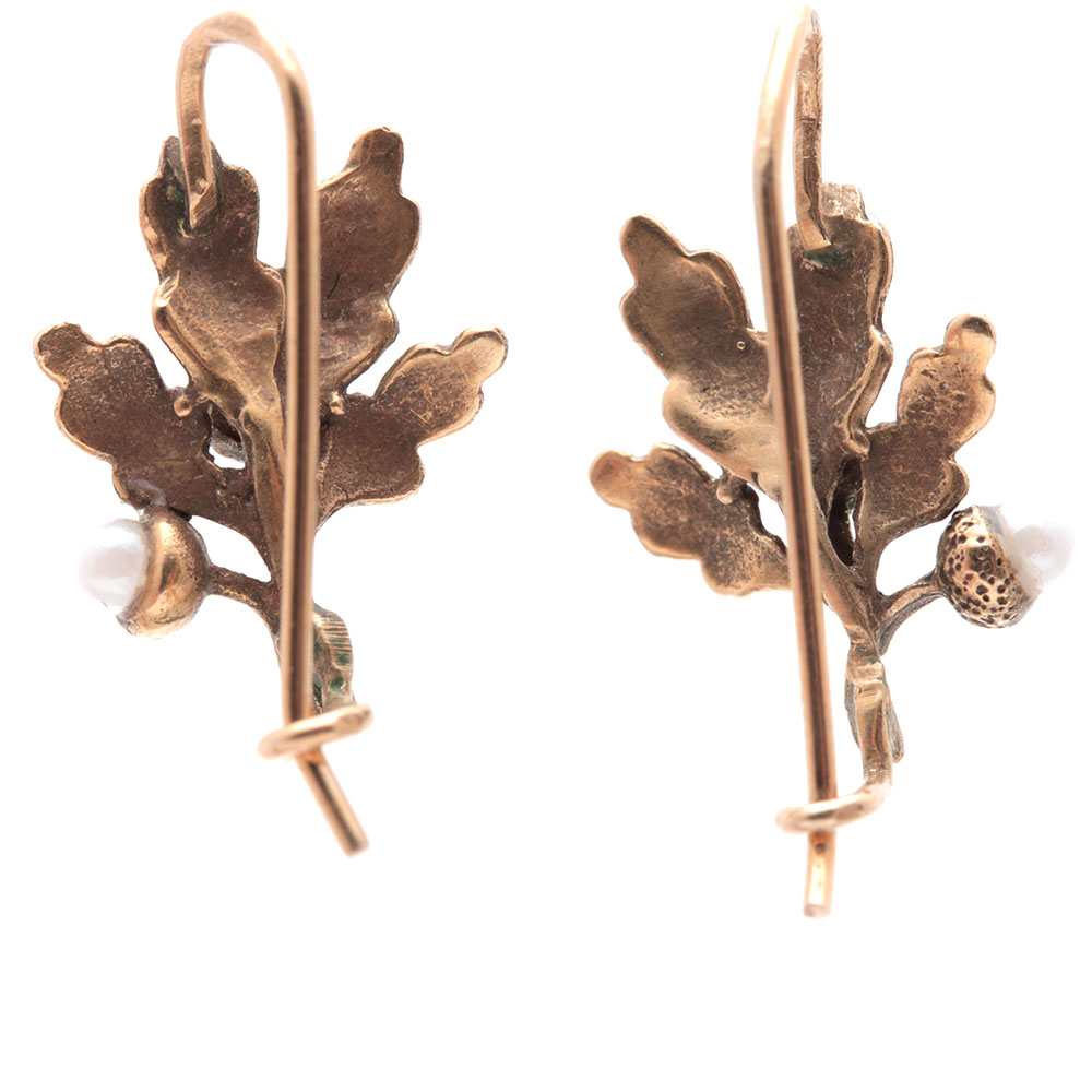 14K Yellow Gold Cultured Pearl Leaf Earrings