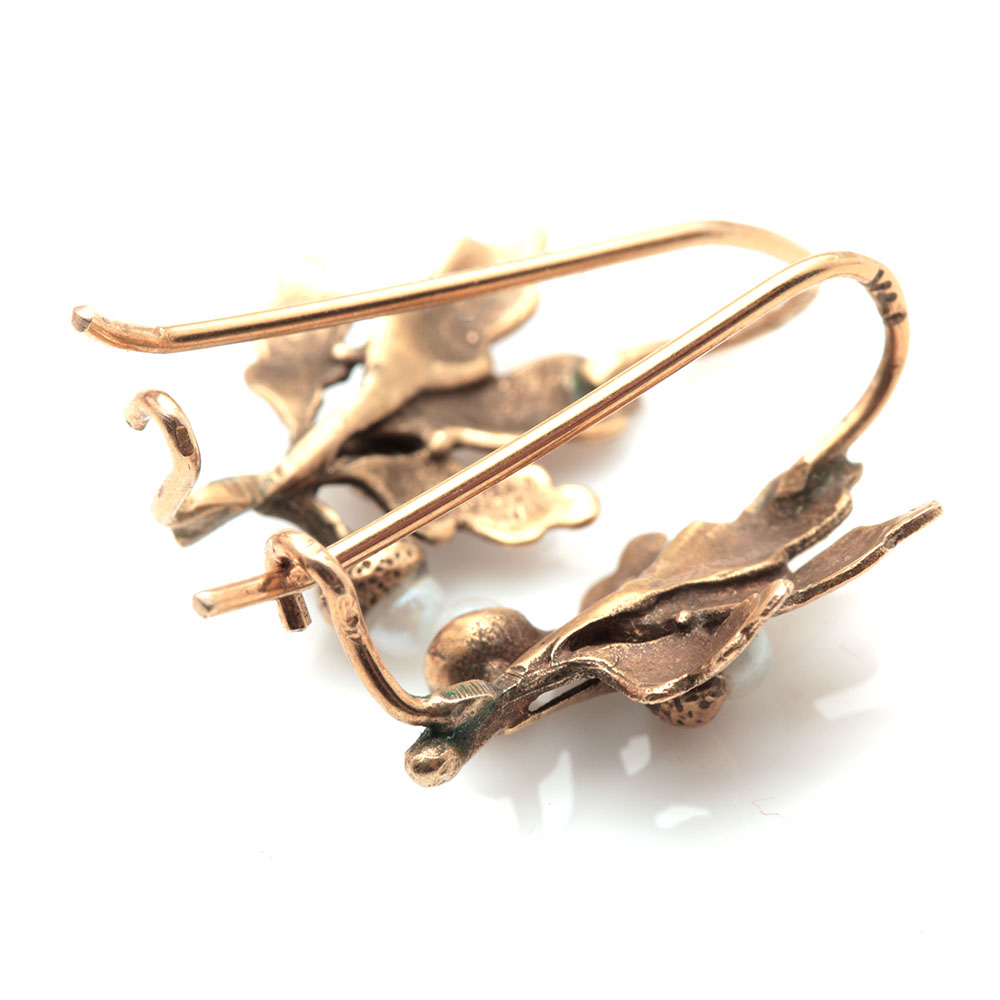 14K Yellow Gold Cultured Pearl Leaf Earrings