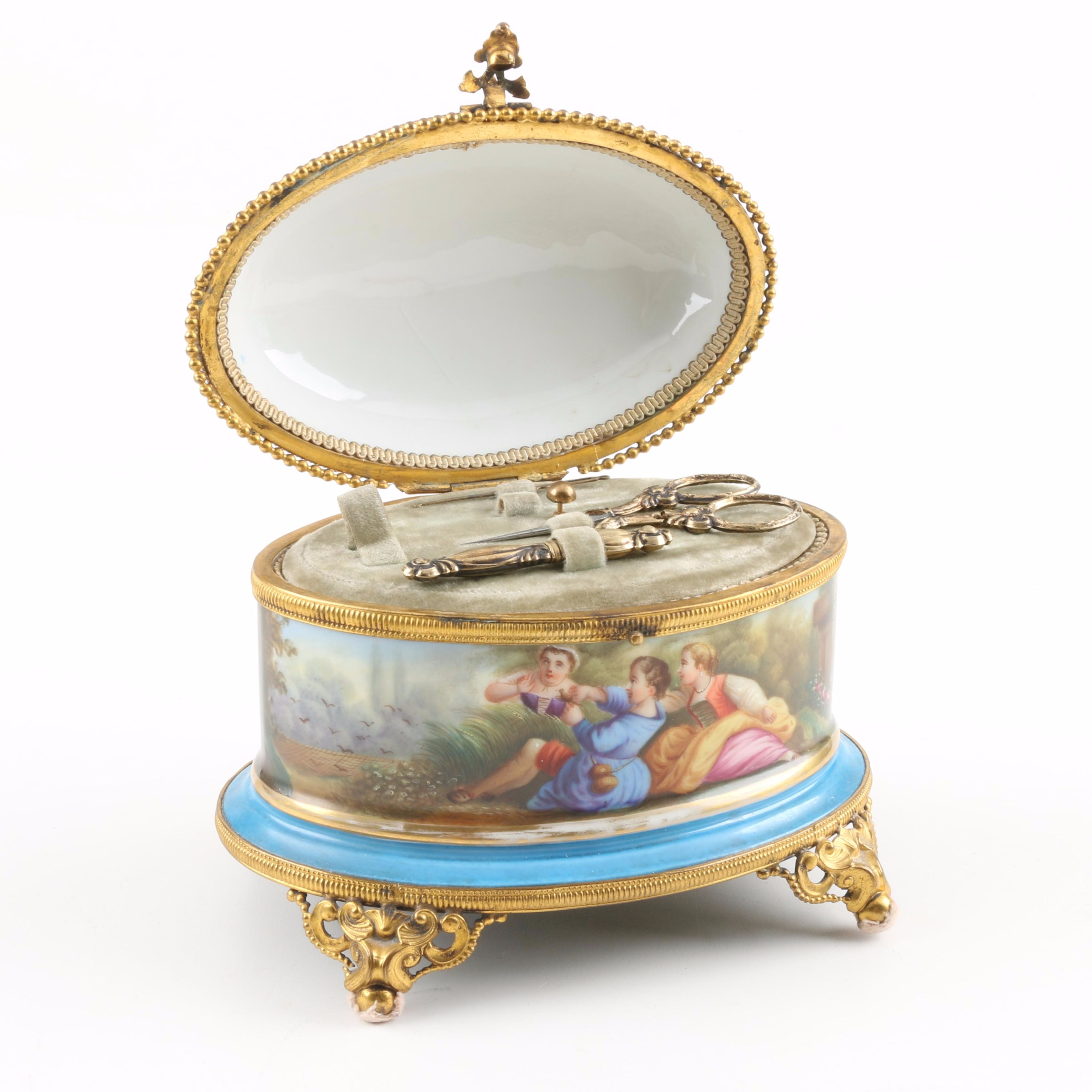 19th Century Hand Painted Sevres Style Porcelain Sewing Box