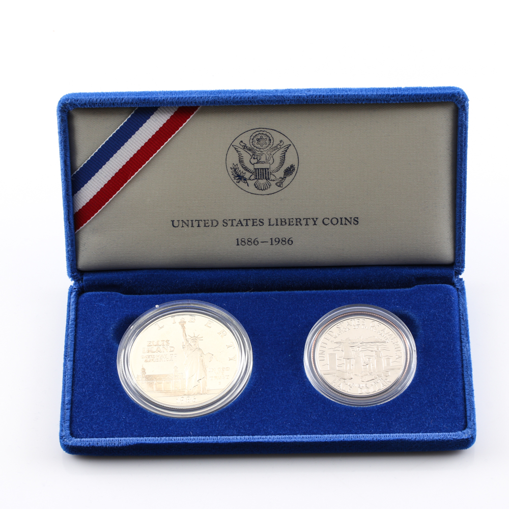 Set of Two Commemorative 1986 Statue of Liberty/Ellis Island Proof Coins