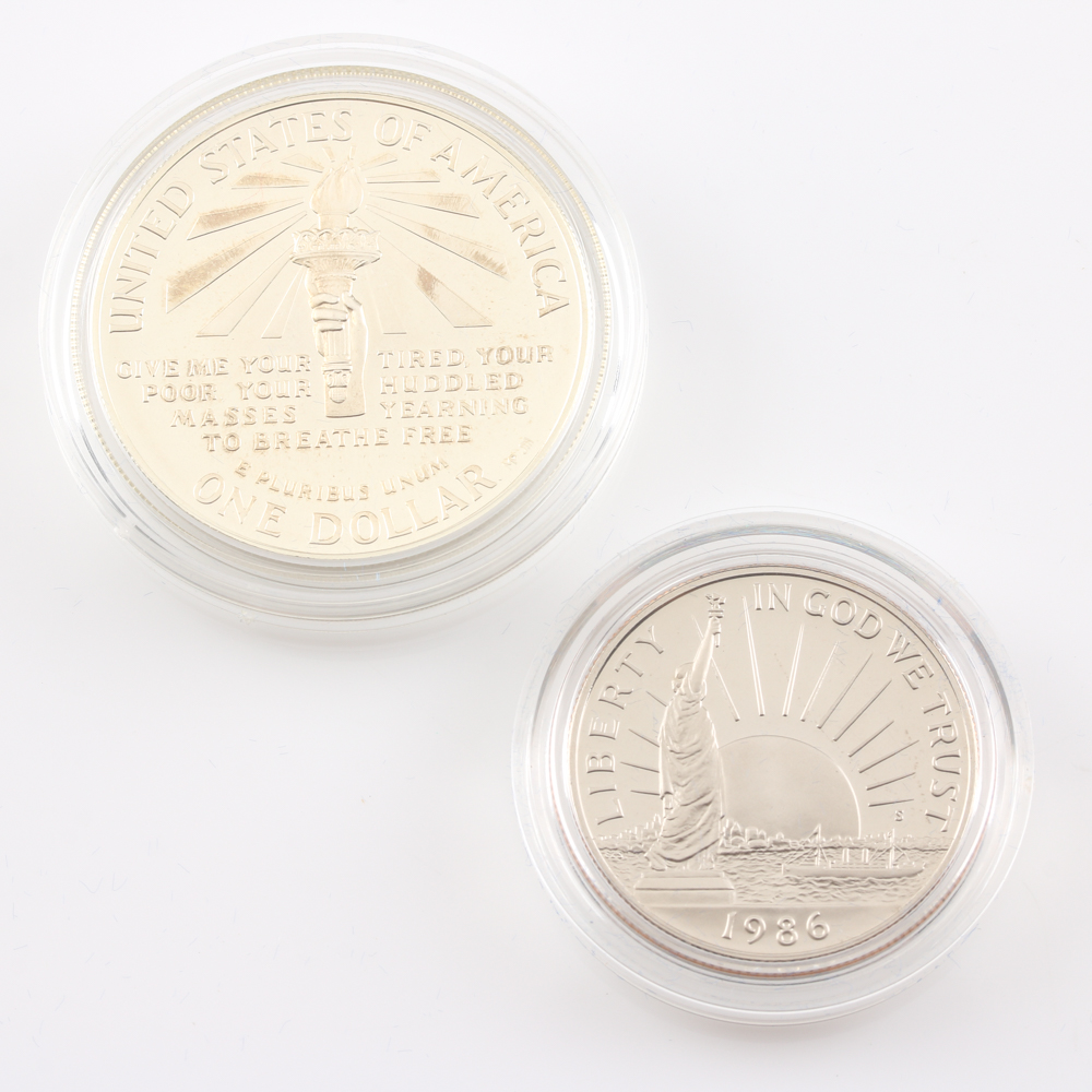Set of Two Commemorative 1986 Statue of Liberty/Ellis Island Proof Coins