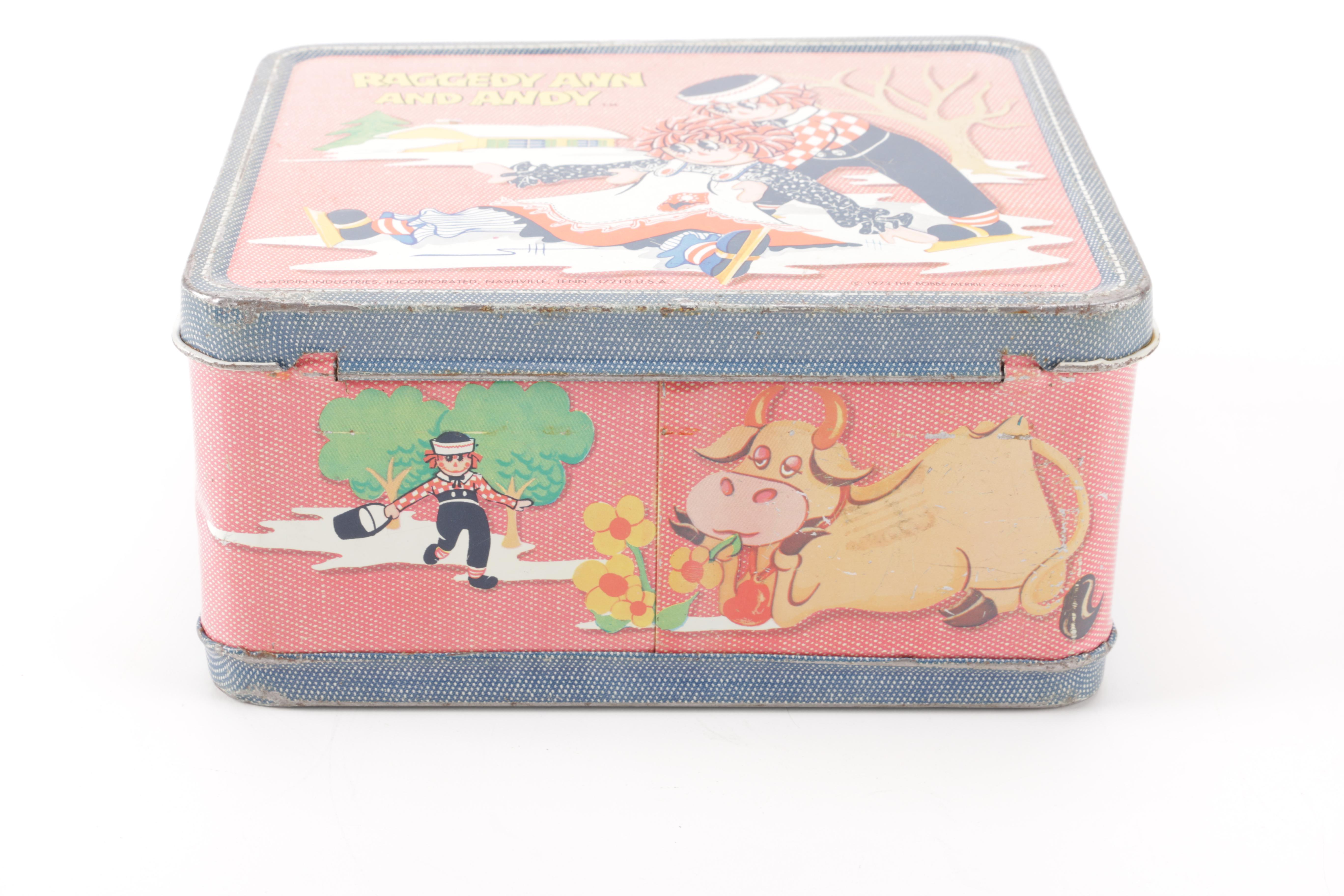 1973 Aladdin Raggedy Ann and Andy Metal Lunchbox With Thermoses