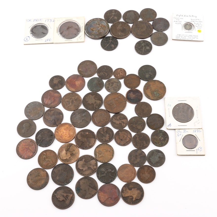 Large Group of over 50 Different Early British Coins Including a 17th Century English Rose Farthing