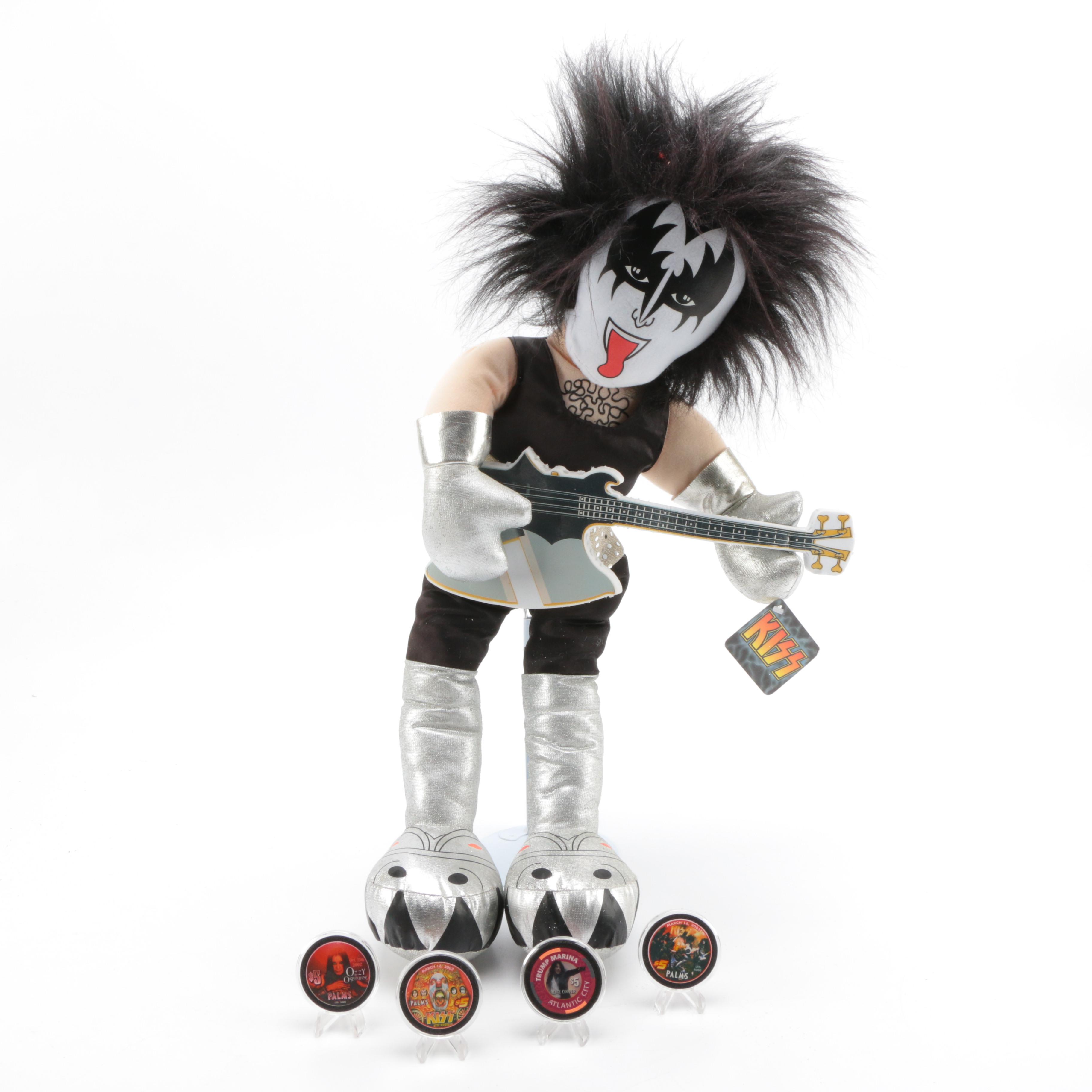 Plush Gene Simmons Kiss Doll and Rock n' Roll Themed Poker Chips