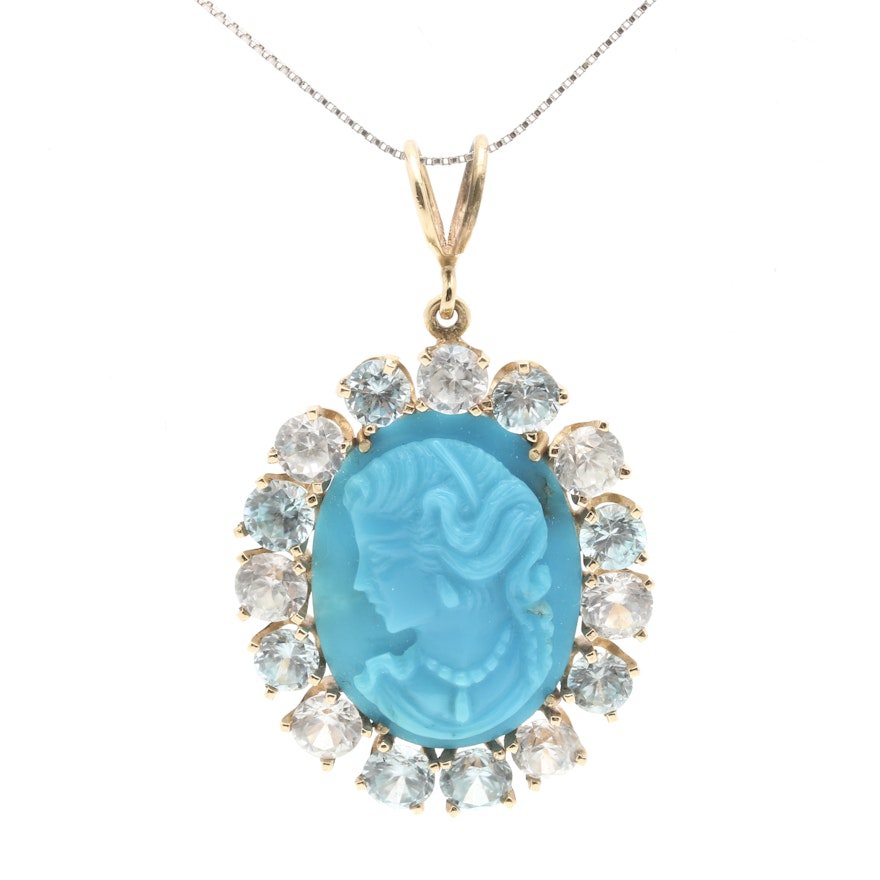 14K Yellow Gold Turquoise Cameo and Zircon Pendant with 14K White Gold Chain