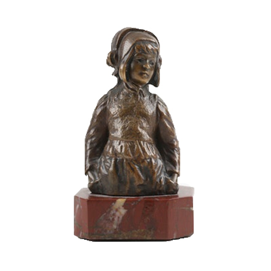 Paul Ludwig Kowalczewski Bronze Dutch Girl Bust on Marble Base