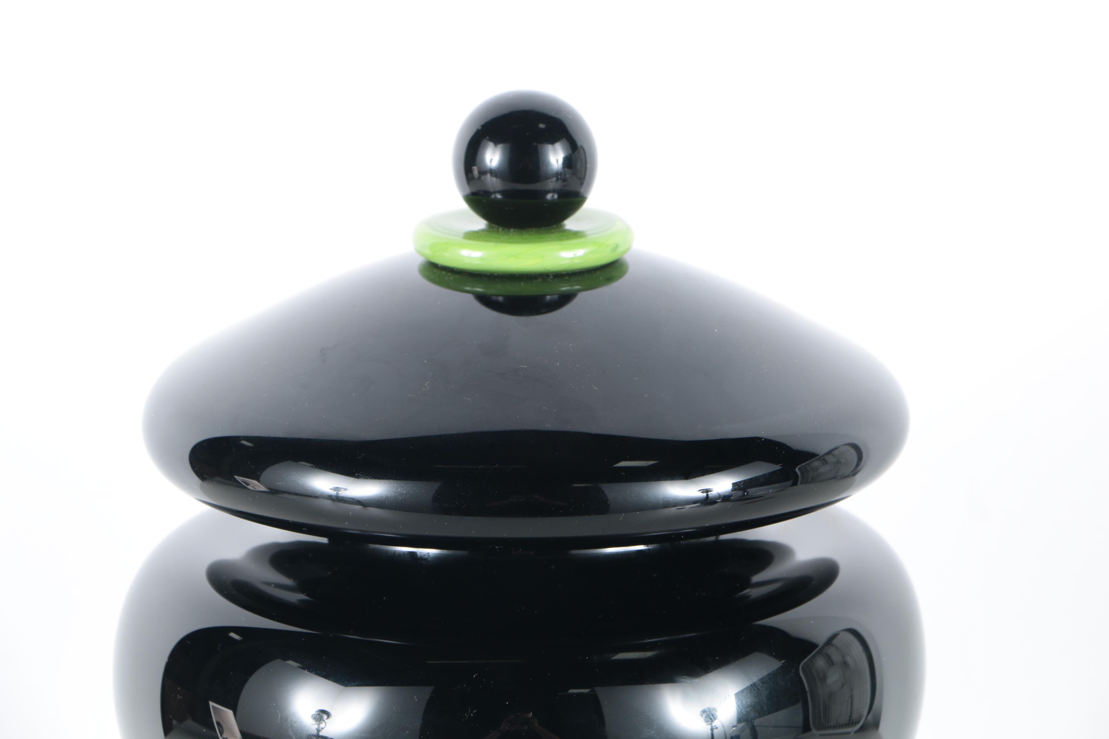 Signed Black and Green Art Glass Lidded Jar by Paul Cunningham