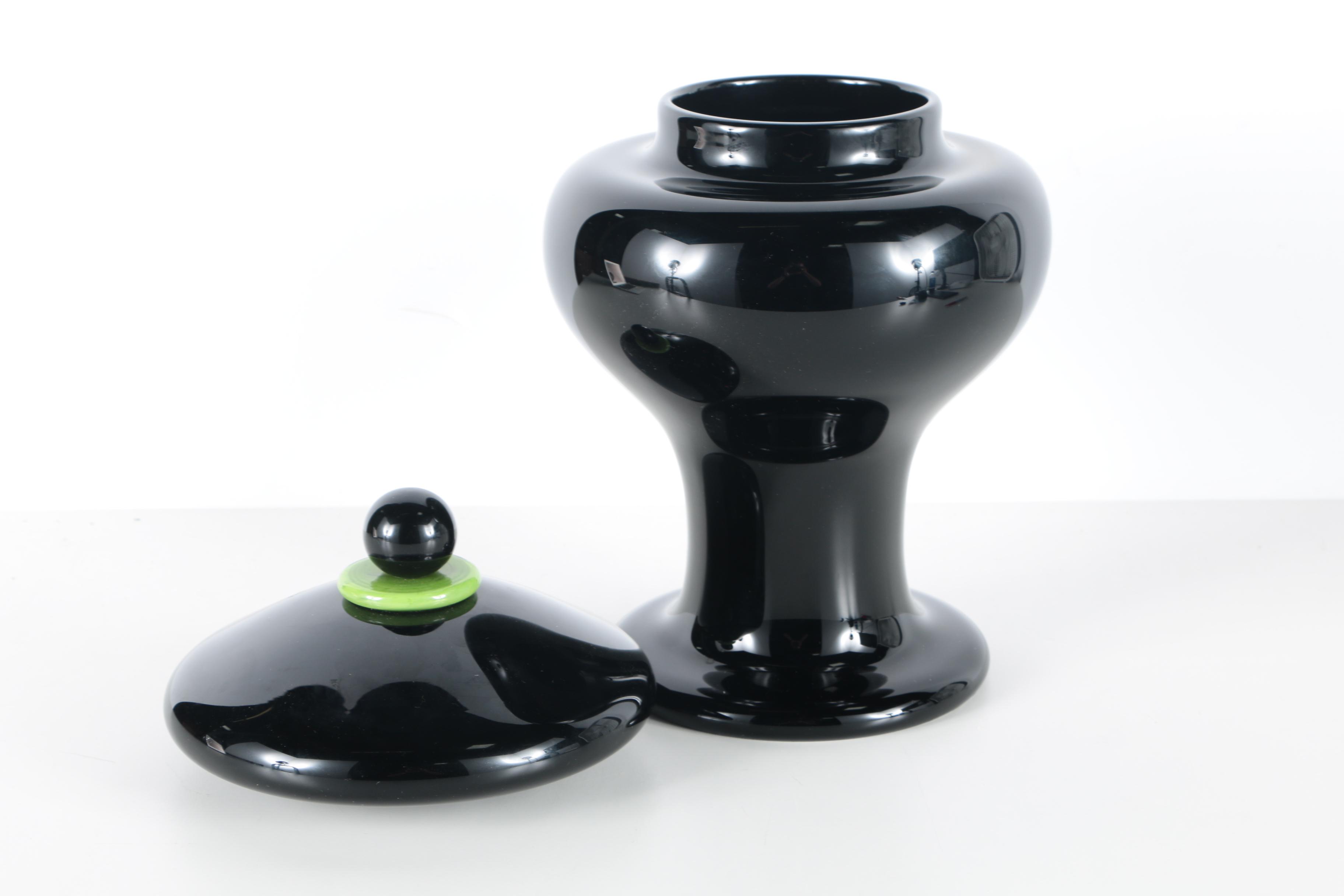 Signed Black and Green Art Glass Lidded Jar by Paul Cunningham