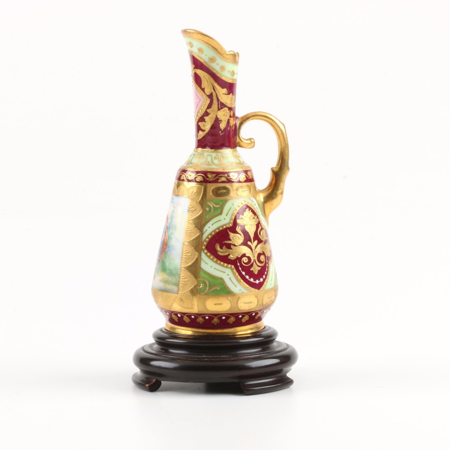 Royal Vienna Hand Painted Miniature Porcelain Ewer on Stand