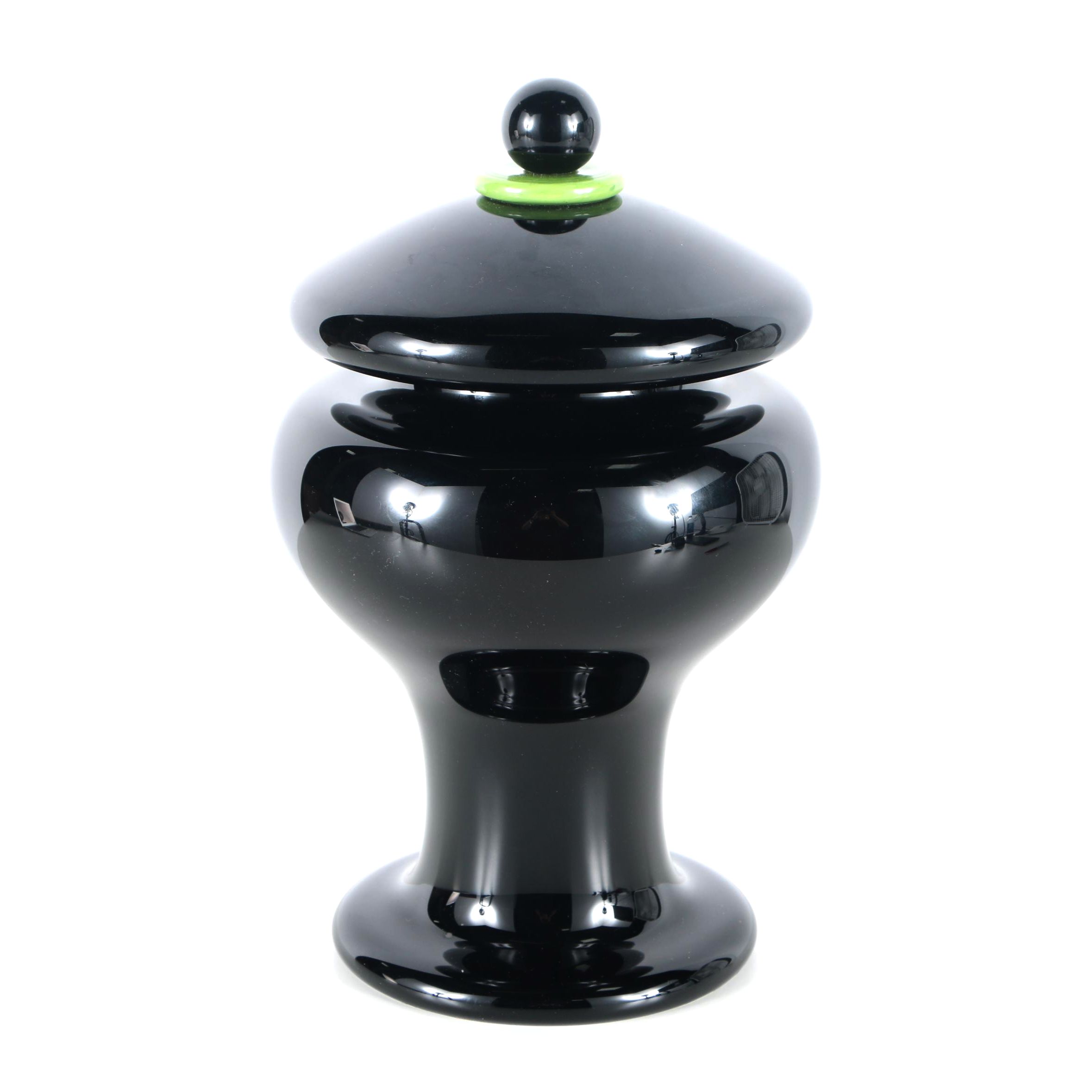 Signed Black and Green Art Glass Lidded Jar by Paul Cunningham
