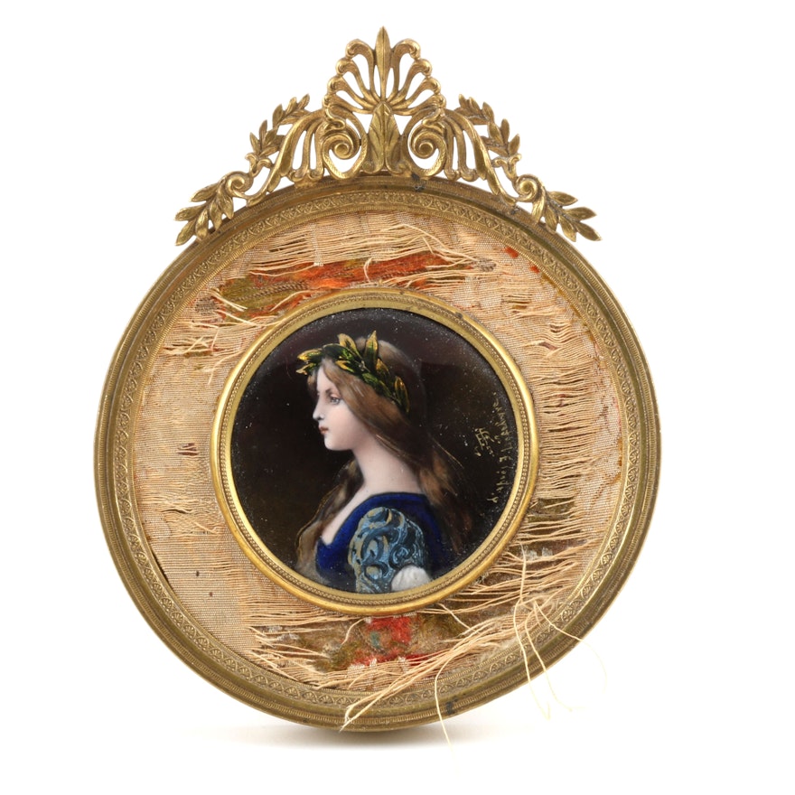19th-Century French Limoges Foiled Enamel Portrait Plaque
