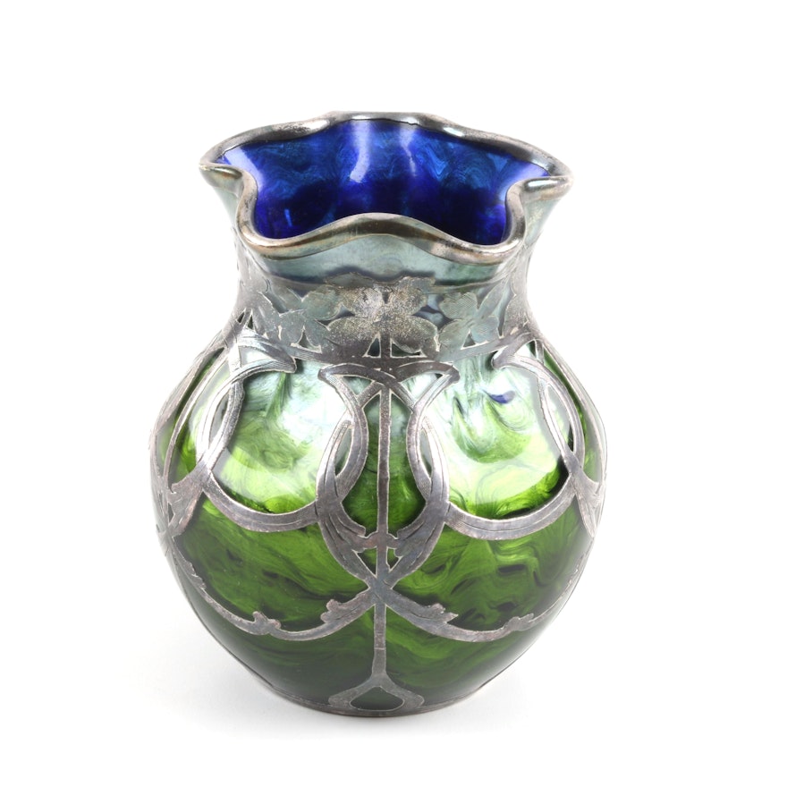 Circa 1900 Loetz Titania Glass Vase with Sterling Silver Overlay