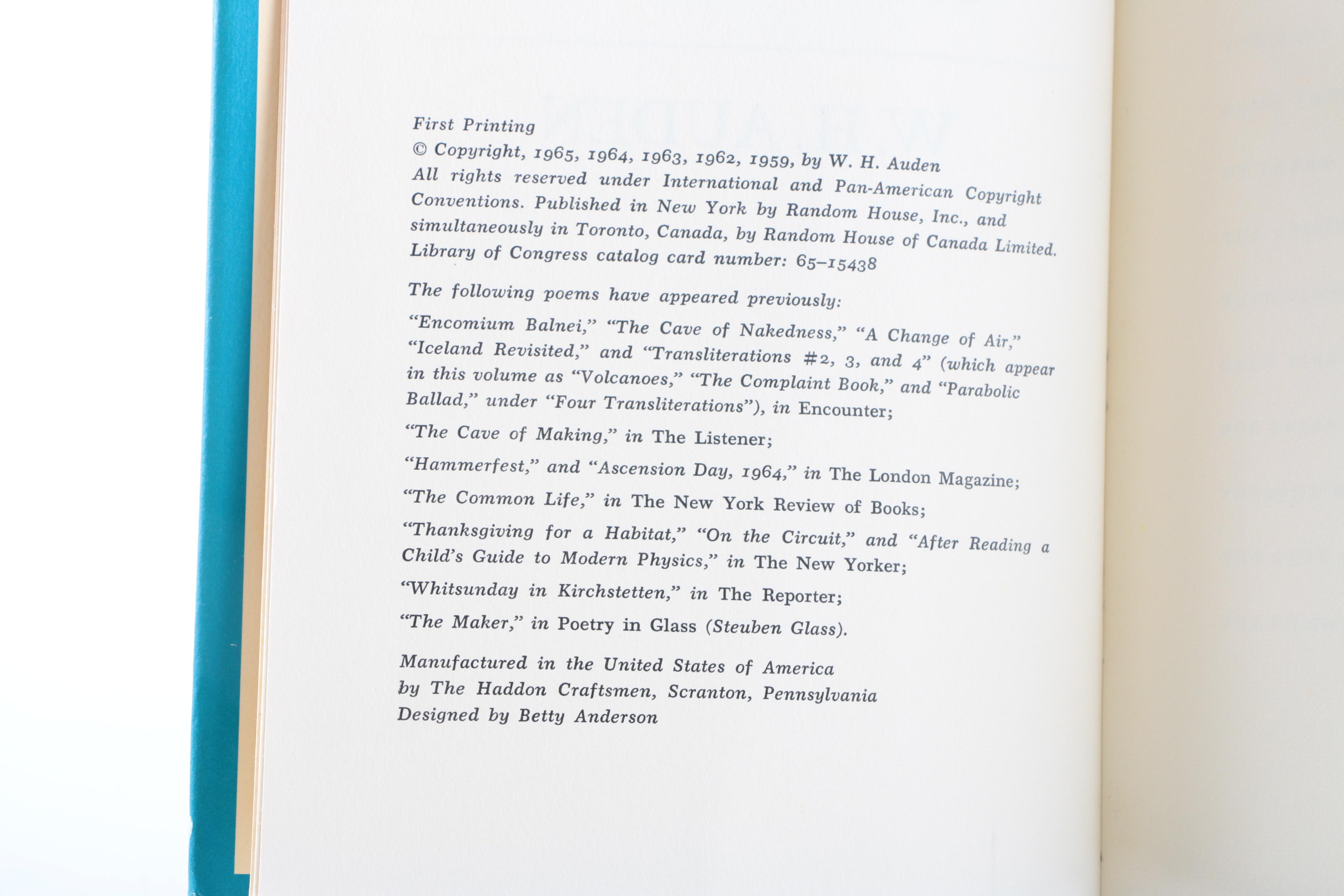 1965 First Edition "About The House" by W. H. Auden