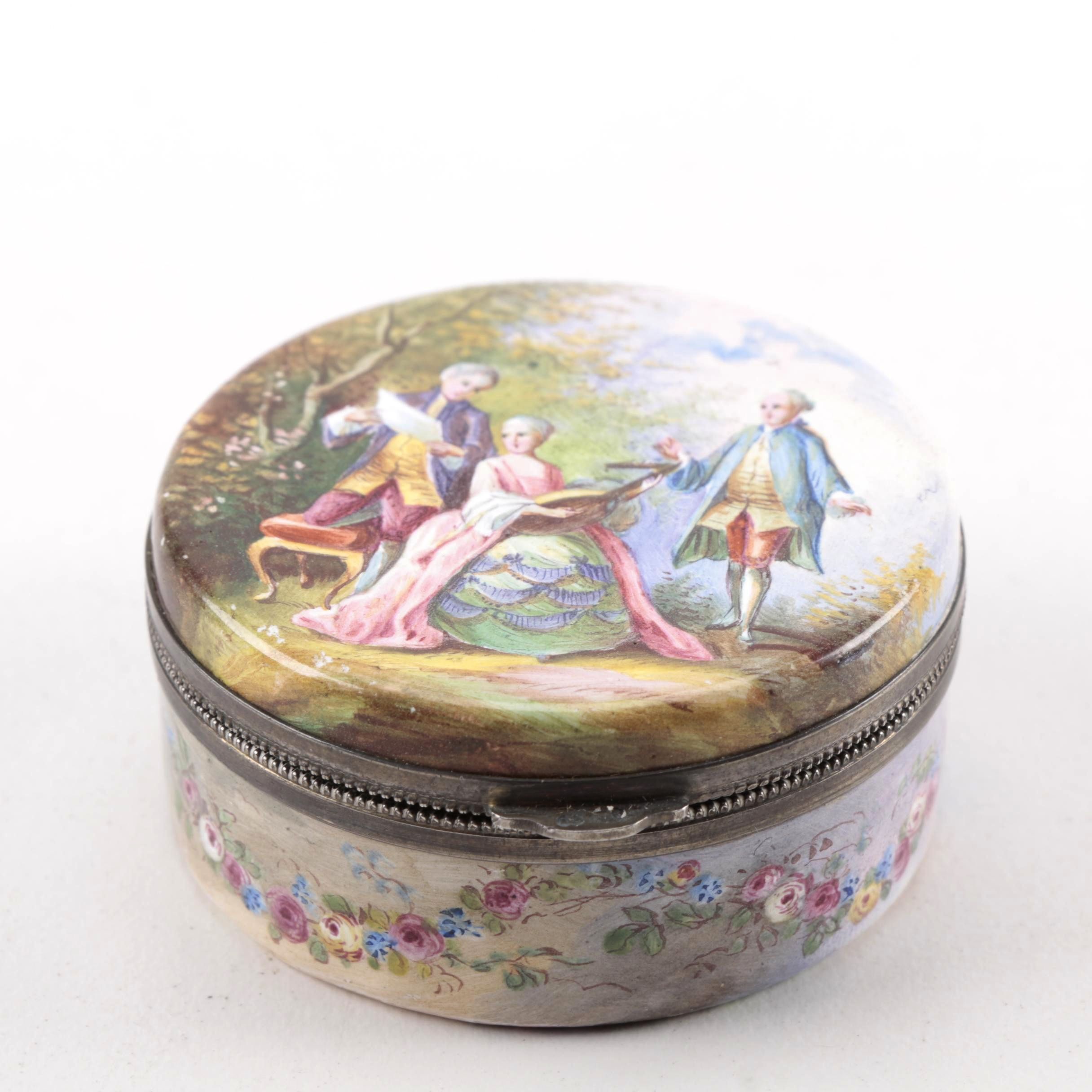 Antique Enameled Patch Box with Pastoral Theme