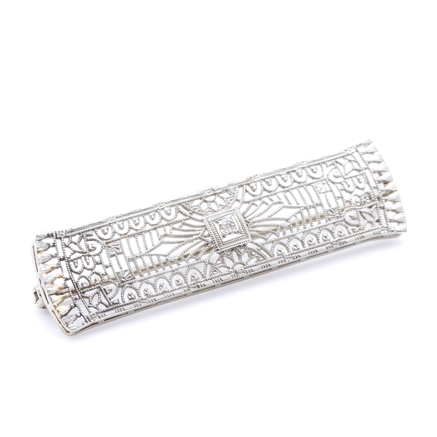 Vintage Circa 1930's Art Deco Style 10K White Gold Diamond Filigree Brooch