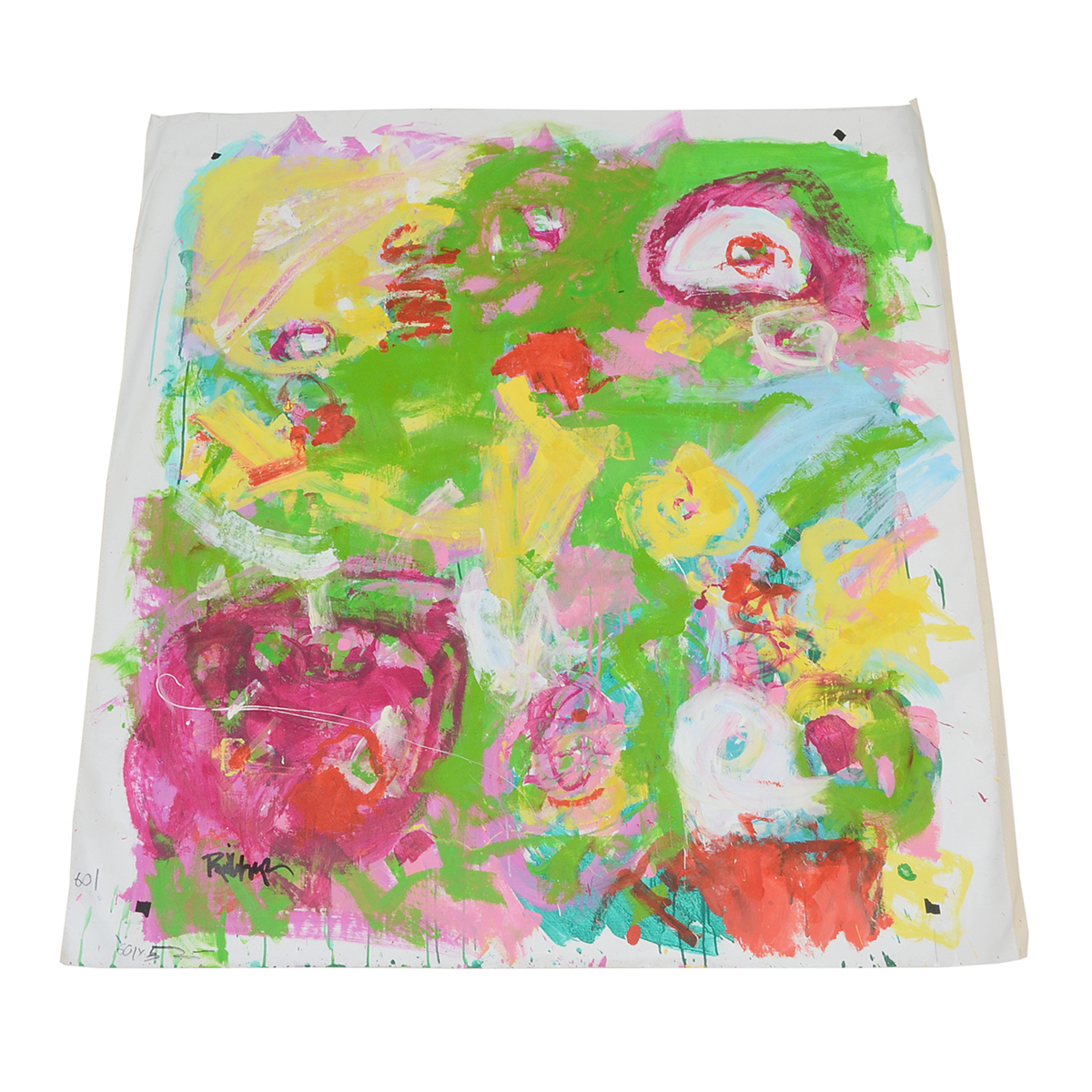 Robbie Kemper Original Abstract Acrylic Painting on Non-Stretched Canvas "Yellow, Pink & Orange Dots in Lime"