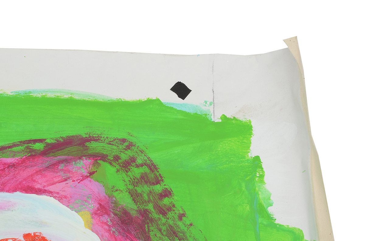 Robbie Kemper Original Abstract Acrylic Painting on Non-Stretched Canvas "Yellow, Pink & Orange Dots in Lime"