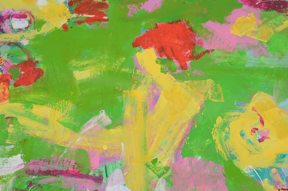 Robbie Kemper Original Abstract Acrylic Painting on Non-Stretched Canvas "Yellow, Pink & Orange Dots in Lime"