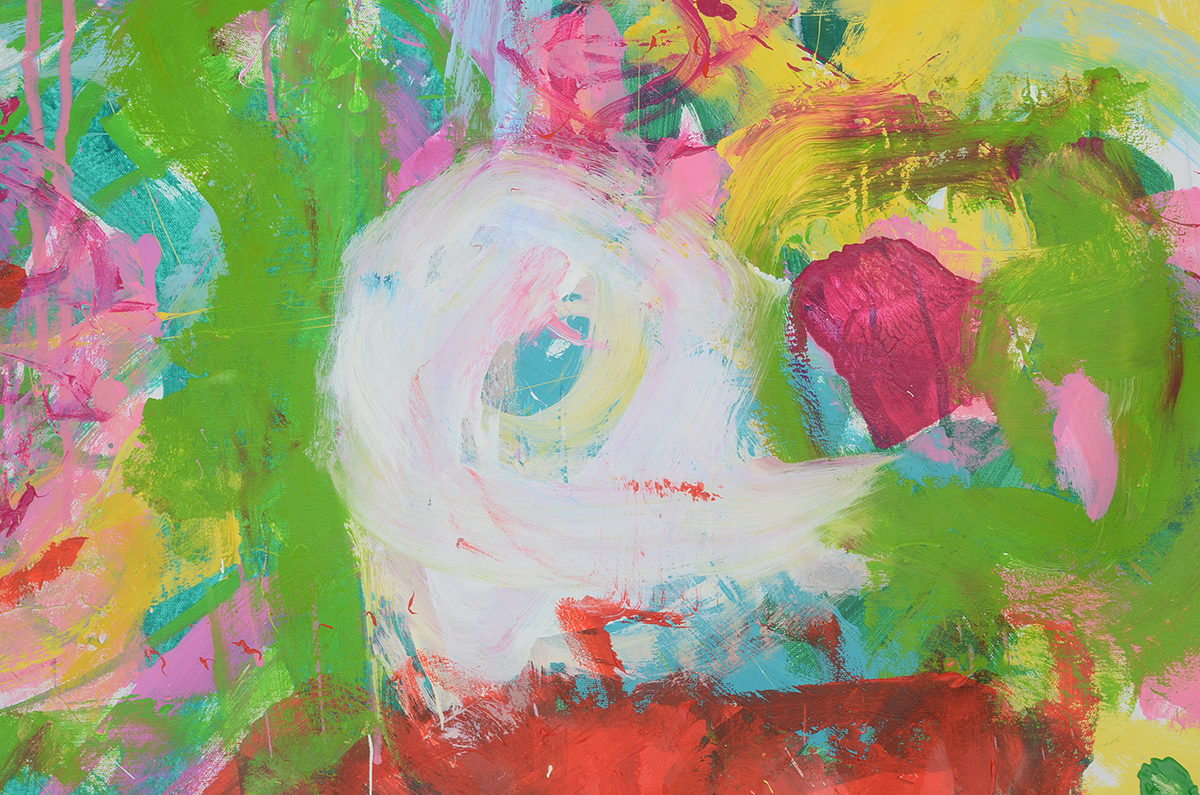 Robbie Kemper Original Abstract Acrylic Painting on Non-Stretched Canvas "Yellow, Pink & Orange Dots in Lime"